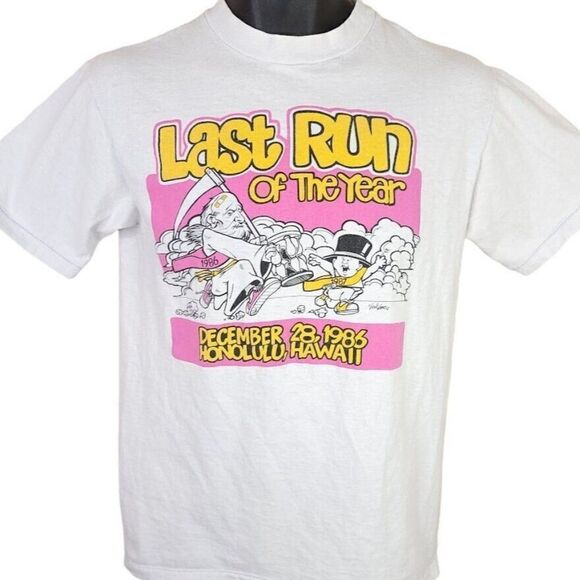 Last Run Of The Year T Shirt Vintage 80s 1986 Honolulu Hawaii Made In USA Mens S - Picture 1 of 7